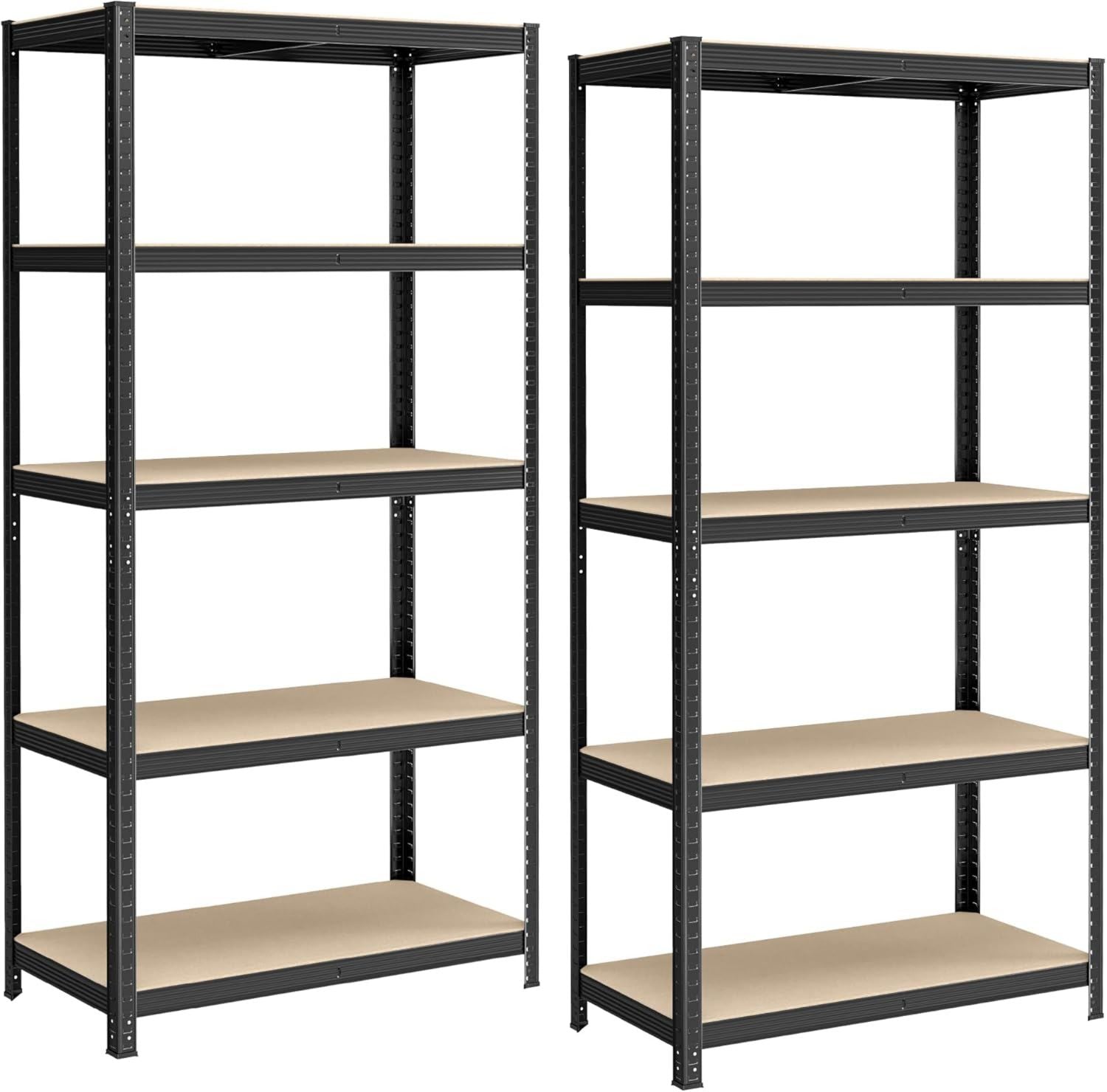SONGMICS Set di 2 Scaffali in Metallo Scaffalature a 5 Ripiani Regolabili Senza Viti Scaffale Salvaspazio per Garage Magazzino Portante 600 kg 50 x 100 x 200 cm Nero GLR050B02