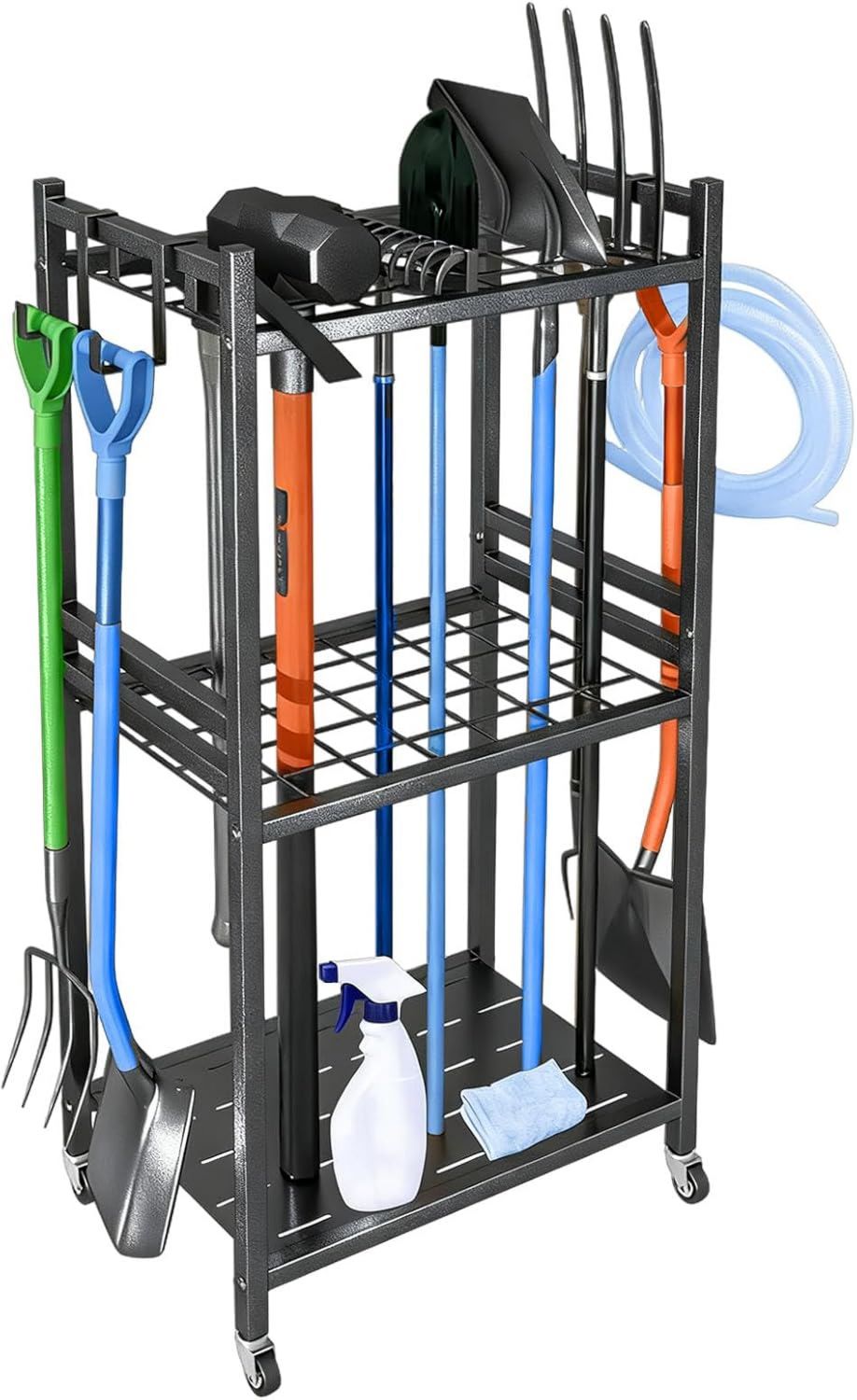 Organizer per attrezzi da giardino con 4 ganci in metallo per scope rastrello pala attrezzi da giardino per garage e garage organizer da giardino nero 42 x 30 x 80 cm