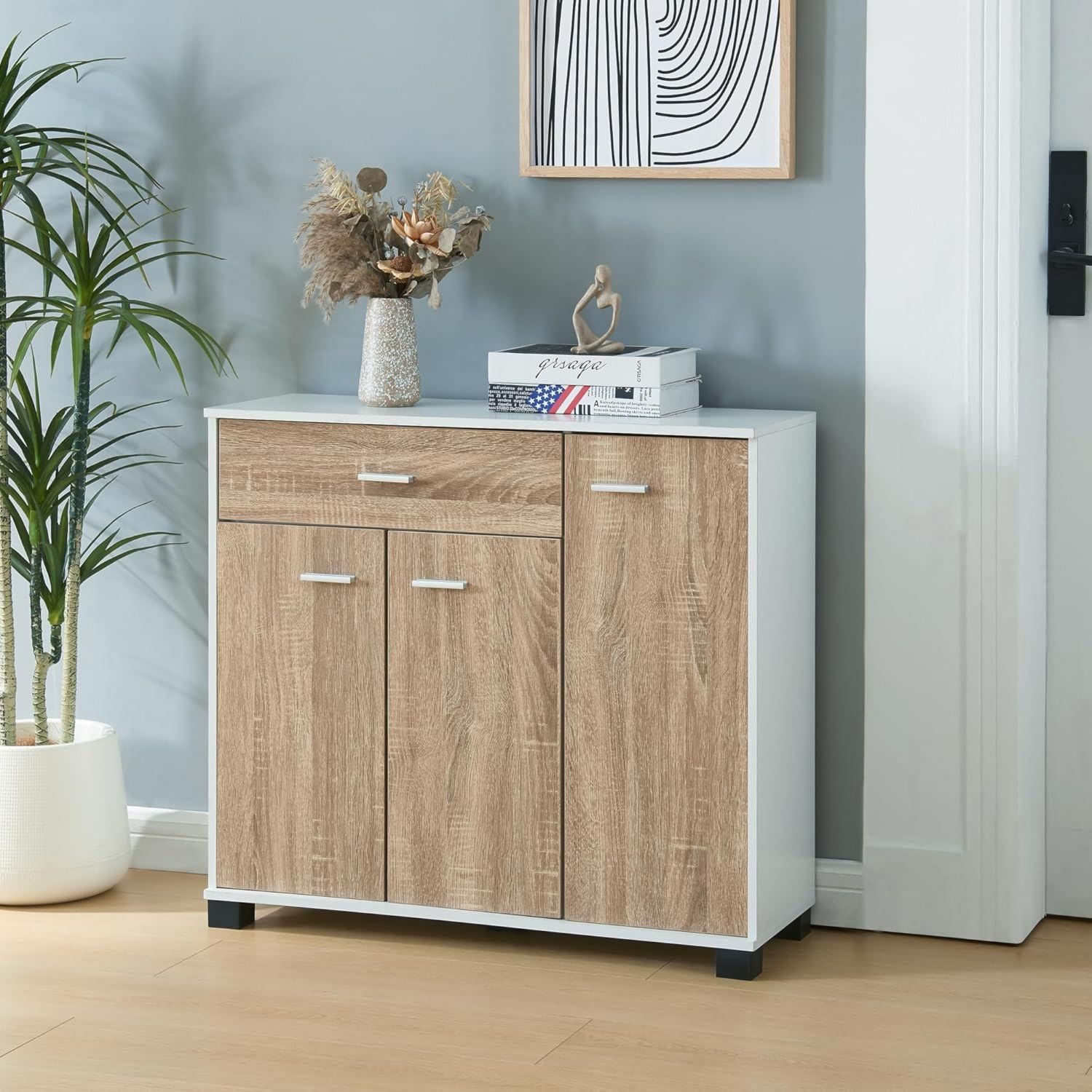 Armadio en.casa Com貌 Basso Madia con Cassetto e Ante Armadietto Stretto Multiuso Mobile Portascarpe 72 80 28 cm Effetto Rovere x x Bianco
