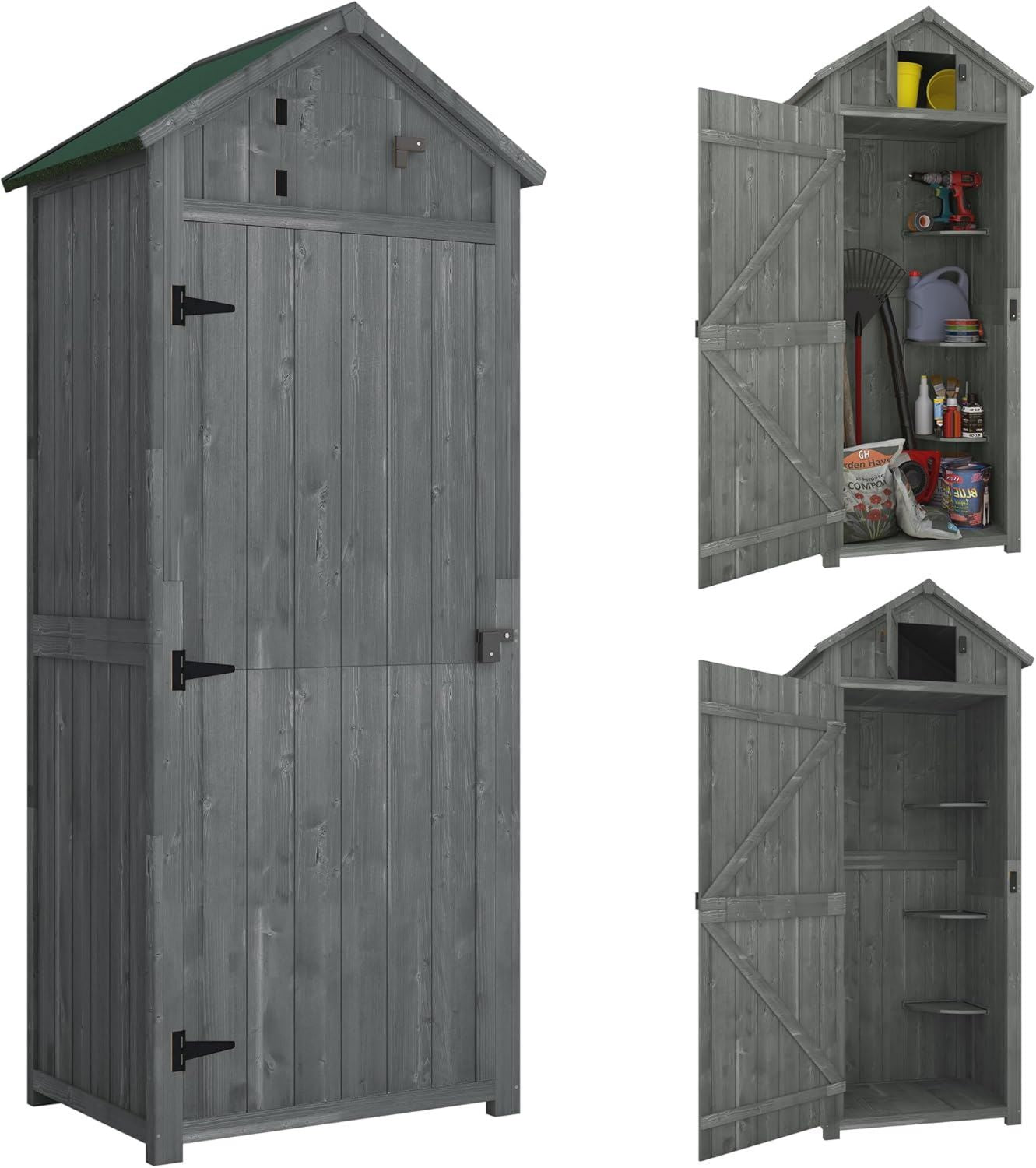 Outsunny Capanno da Giardino Piccolo in Legno 77x54.2x179cm Grigio 3 Mensole Rimovibili Apertura sul Tetto Asfalto Impermeabile Porta con Blocco Casetta Porta Attrezzi Salvaspazio